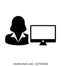 Woman User Icon - Vector Person Profile Avatar With Computer Monitor Glyph Pictogram illustration