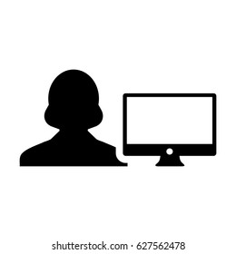 Woman User Icon - Vector Person Profile Avatar With Computer Monitor Glyph Pictogram illustration