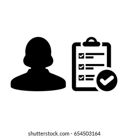 Woman User Icon - Vector Person To-Do Checklist With Tick Symbol and Profile Human Avatar in Glyph Pictogram illustration