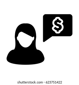 Woman User Icon Vector With Speech Bubble and Dollar Message Symbol in Glyph Pictogram illustration