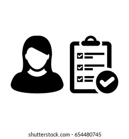 Woman User Icon - Vector To-Do Task Checklist With Tick Symbol and Person Profile Human Avatar in Glyph Pictogram illustration