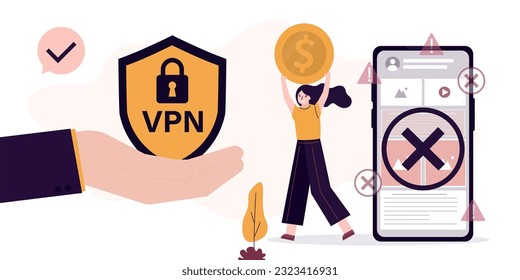 Woman user payment for virtual private network service. Blocked internet on cellphone. Seller hand give VPN app to protect personal data and surfing in web. App for secure connection, data encryption