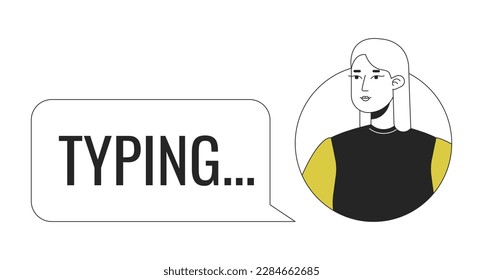 Woman user persona typing message duo color line concept vector spot illustration. Editable 2D flat duotone cartoon character for web design. Creative idea for website, social media. Oswald font used