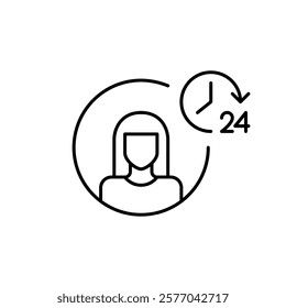 Woman user profile and 24 hours symbol. Round the clock customer support, always online. Pixel perfect vector icon