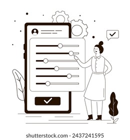 Woman user sets up personal account. Various settings on mobile phone screen. Cute women customize profile settings smartphone. Customization and improvement concept. Linear flat vector illustration