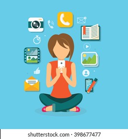 Woman User Smartphone Design Flat. Computer User Icon, Social Media, Web User Phone, Web Phone Internet, Social Network Communication Illustration