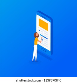 Woman user smartphone design Isometric.  Flat modern illustration of social networking, searching and sending email and texting to friends in social networks