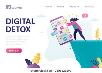 Woman user throws mobile phone off cliff into abyss. Digital detox, landing page template. Freedom from social media, internet. Turn off smartphone, disconnecting. Break time, relax from smart gadgets