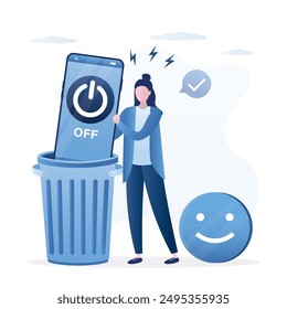 Woman user throws turn off smartphone in garbage can. Off button on cell phone screen. Positive emotion from digital detox. No using mobile phone. Freedom from internet, smartphones and social media. 