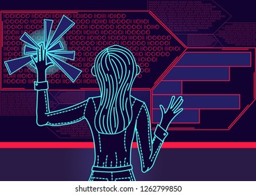 Woman uses abstract user interface technology. Futuristic Concept HUD Interface Hologram. Elements of digital data communication diagrams, computing and circle. Infographic, neon, vector, dark back