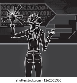 Woman uses abstract user interface technology. Futuristic Concept HUD Interface Hologram. Elements of digital data communication diagrams, computing and circle. Infographic, white, black , vector.
