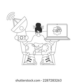 Woman uses antenna and laptop to access IoT data, in linear vector design