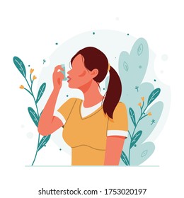 Woman uses an asthma inhaler against an allergic attack. World asthma day. Allergy, asthmatic. Inhalation medicine. Bronchial asthma. Vector flat concept illustration