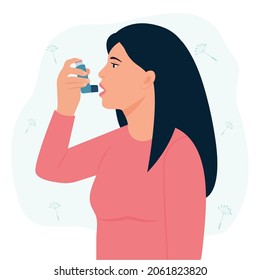 Woman uses an asthma inhaler against attack. World asthma day. Allergy,Bronchial asthma. Vector  illustration