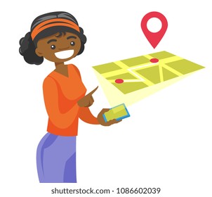 A woman uses augmented reality to get directions on a map with a pin sign. Augmented technology incorporated into a smartphone. Vector cartoon illustration isolated on white background.