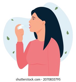 Woman  uses breath freshener. Girl using mouth spray for  sore throat infection treatment Aerosol spray in the hand. Fresh breath.Vector illustration