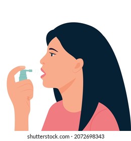 Woman  uses breath freshener. Girl using mouth spray for  sore throat infection treatment Aerosol spray in the hand. Fresh breath.Vector illustration