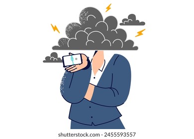 Woman uses cloud technologies to exchange messages with colleagues, stands under cloud covering head. Girl experiences anger and rage sending audio letter to subordinates via mobile technology.