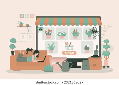 Las mujeres usan computadoras y eligen bouquets, plantas y varios accesorios en una tienda de flores en línea. La tienda electrónica ofrece diferentes flores y herramientas de jardinería. Comercio electrónico, aplicación de mercado, descuentos.