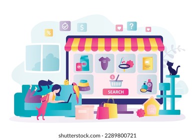 Woman uses computer and chooses pet food and various accessories in online store. E-shop offers different animal goods and food. E-commerce, marketplace application, discounts. Vector illustration