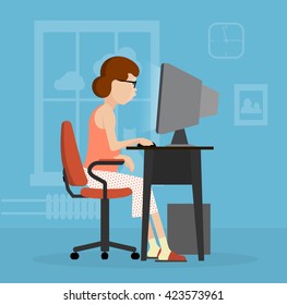 a woman uses a computer flat style