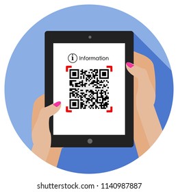 Woman uses computer tablet to scan QR code to visit a website making an online shopping . Flat design. (Replace the QR code with yours).