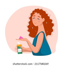 Woman uses cosmetic cream for curly hair. Girl with care bottle for wavy hair. Vector flat style.