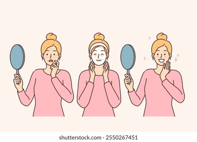 La mujer utiliza la máscara cosmética para hidratar la piel y deshacerse del acné, sostiene el espejo en las manos. Chica que vio el acné en la cara utiliza máscara cosmética rejuvenecedora para tomar el cuidado de la piel y combatir erupciones cutáneas.