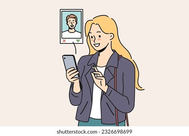 Woman uses dating app on mobile phone, choosing guy likes by photo and browsing profile. Girl with smartphone visits websites for online dating and agrees on date or going to cinema