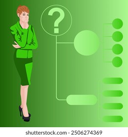 Woman uses a decision tree diagram to identify a problem or opportunity in the decision-making process. Business concept. Flat vector illustration.