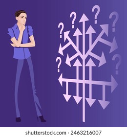Woman uses a decision tree to identify a problem or opportunity in the decision-making process. Business concept. Flat vector illustration.