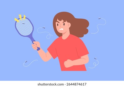 A mulher usa um pernilongo elétrico para matar os mosquitos ao seu redor para evitar que sejam mordidos. Prevenção da dengue ou da febre da malária. Usando mata-moscas. Ilustração de vetor plano. Mosquitos irritantes.