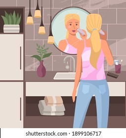 Woman uses equipment to cleanse and scrub her face. Girl is doing morning routine in the bathroom. Female character is looking in the mirror. Girl is holding an electric brush to clean her face