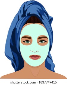 Woman uses a face mask. Clean, healthy skin. Facial skin care using natural ingredients. Colorful vector illustration.