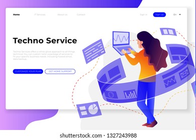 the woman uses her laptop with the effect of the circled laptop - All elements on this template are editable with vector software