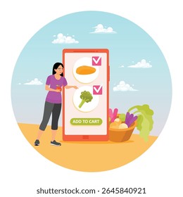 A woman uses her smartphone to select the fresh organic vegetables she wants to buy and adds them to her online shopping cart. Online grocery shopping concept.