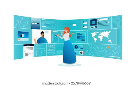 A woman uses an intelligent interface. Dimensional user interactive interface. Usability design, personalized experience design, artificial intelligence.