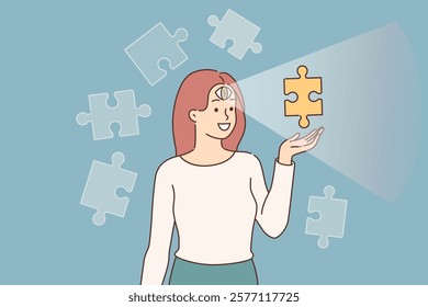 Woman uses intuition to choose right solution from several options, and has third eye in forehead. Girl with good intuition owns advantage thanks to mystical sixth sense from esoteric practices