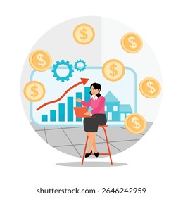 A Woman Uses a Laptop to Analyze Property Growth Trends and Profits. Featuring diagrams, money symbols and gears. Real estate broker concept.