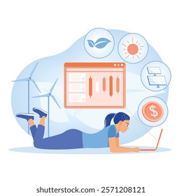 A woman uses a laptop to analyze renewable energy. Sustainable growth, technology monitoring, and environmental significance. Sustainability concept. Flat vector illustration.