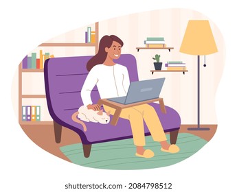 Woman uses laptop. Freelancer works in comfortable conditions, distance learning, evening rest. Woman performing project, watching lecture or films on internet. Cartoon flat vector illustration