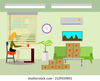 A woman uses a laptop to sell stuff online at home. Lots of cardboard boxes on the floor, work at home ideas. Vector