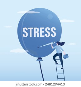 Woman uses large needle to deflate big balloon of emotional stress. Mental problems, psychological pressure. Flying balloon with inscription - stress. Solving problems of stress and overworked. vector