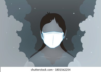 A woman uses a medical mask to protect the respiratory system from the critical air pollution, micro dust(pm2.5) and Corona virus.