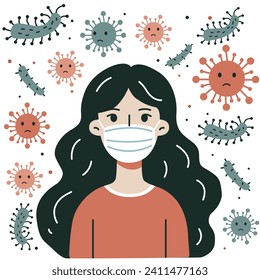 La mujer usa máscara de protección médica. Imagen plana de una mujer con mascarilla médica blanca. Ilustración vectorial. Bacterias a nuestro alrededor