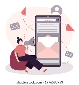 Woman uses megaphone, report about message on phone screen. Sitting female character announce about new letter. Promotion campaing. Receiving letters, notification and announcement. Vector illustratio