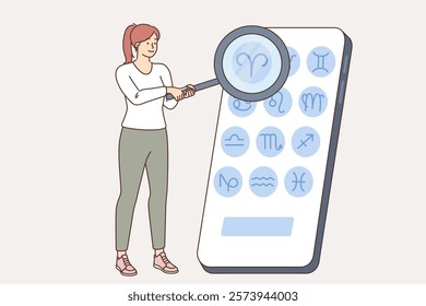 Woman uses mobile application with horoscope on phone, choosing own zodiac sign to find out forecast. Smartphone with horoscope interface with recommendations for finding best romantic partner