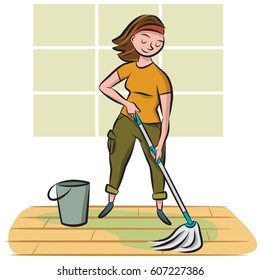 A woman uses a mop and bucket to clean the floor.