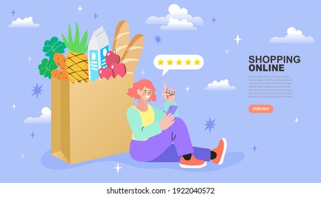 Woman uses online shopping services. Smartphone marketing and e-commerce concept. App on mobile phone. Fresh Groceries Food Delivery. Vector illustration.