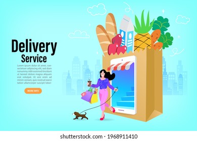 Woman uses online shopping services. Smartphone marketing and e-commerce concept. App on mobile phone. Fresh Groceries Food Delivery. Vector illustration.